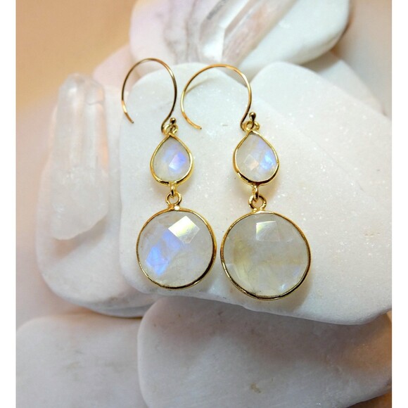Rainbow Moonstone Gold Fill Earrings Dangle Drop Moon Goddess Healing - Picture 6 of 6